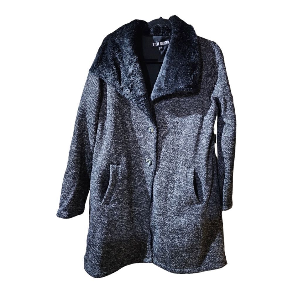 STEVE MADDEN Charcoal Heather Faux Fur Fleece Button-Up Coat‎ - Size XL